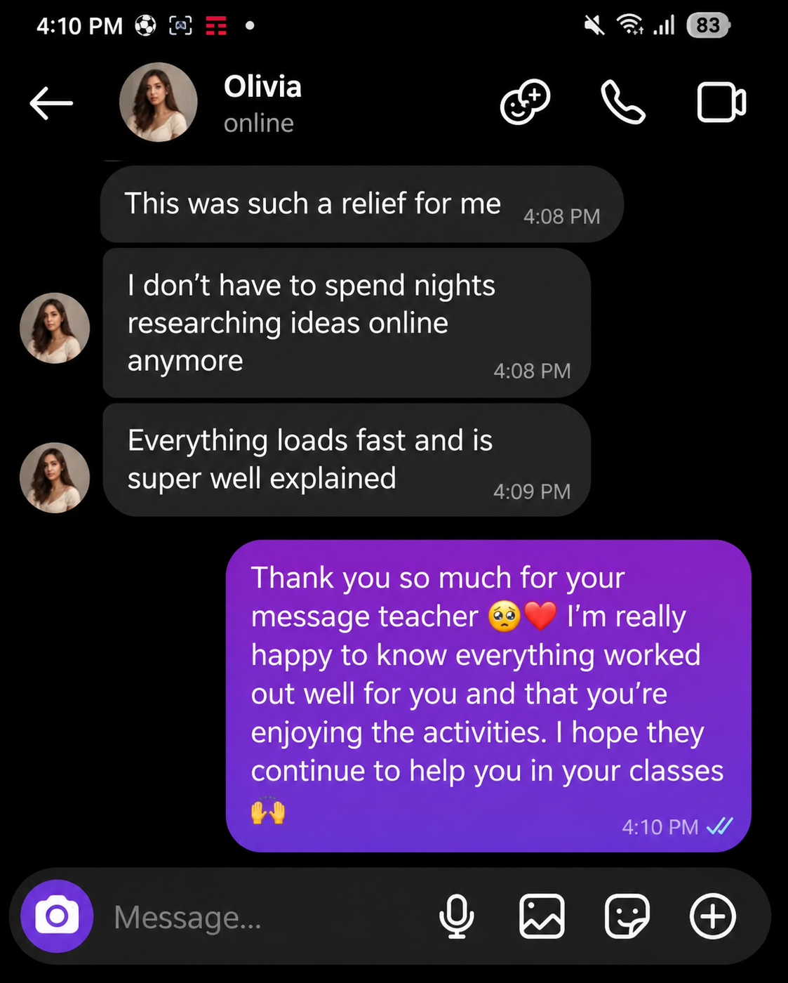 Message from a teacher thanking ClassGenie