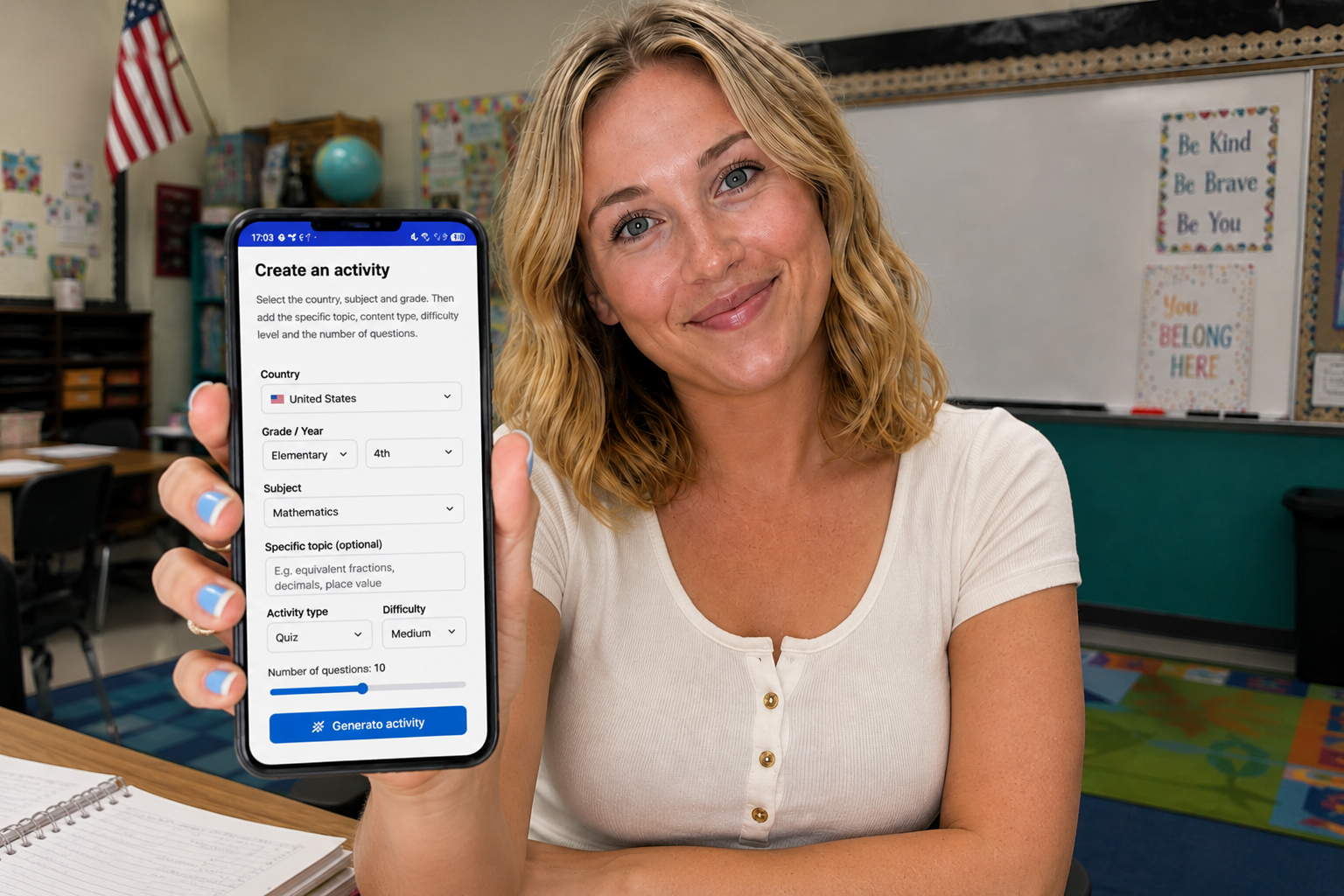 Teacher holding a phone showing the ClassGenie activity creator